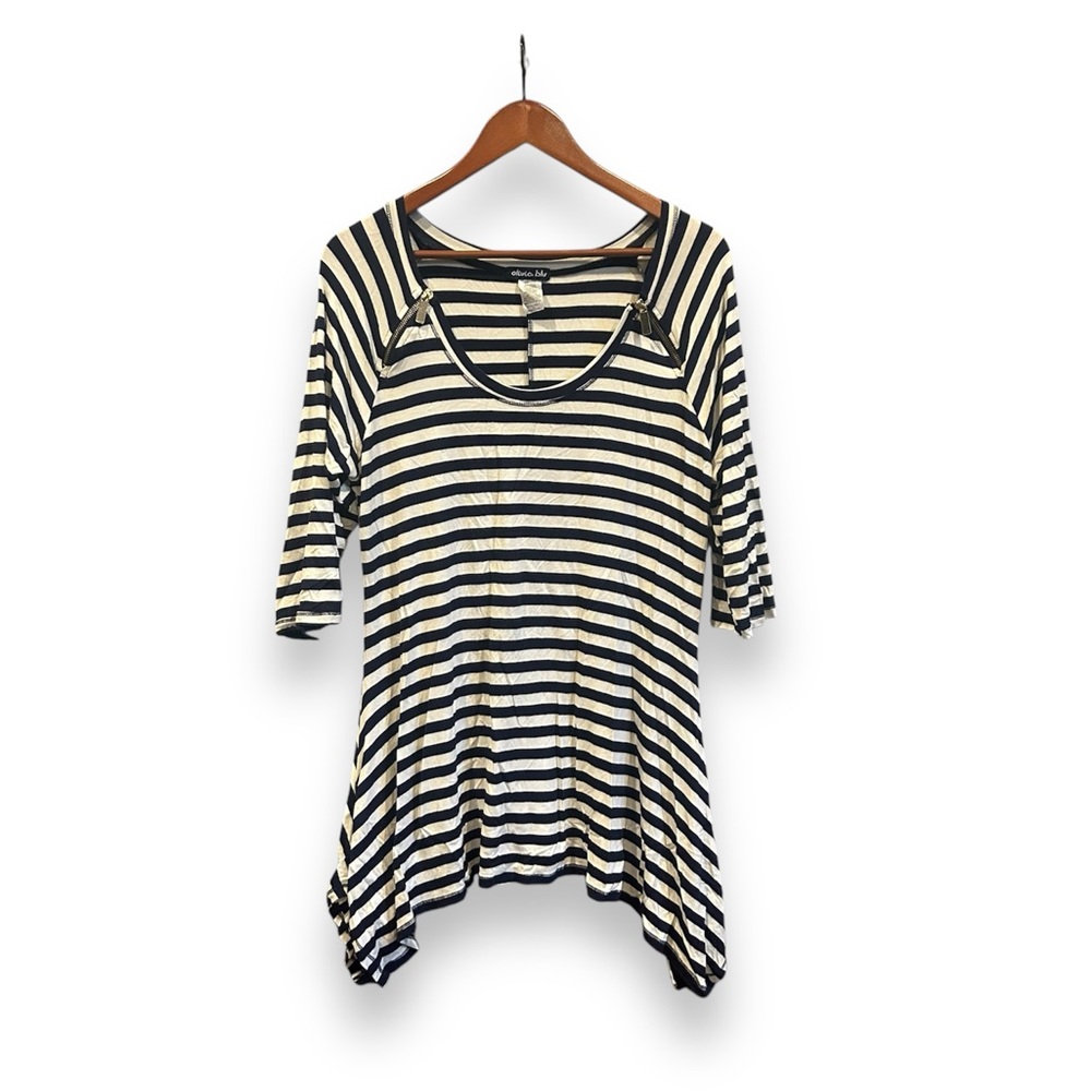 [Olivia Blu] Navy and White Handkerchief Hem Striped Top